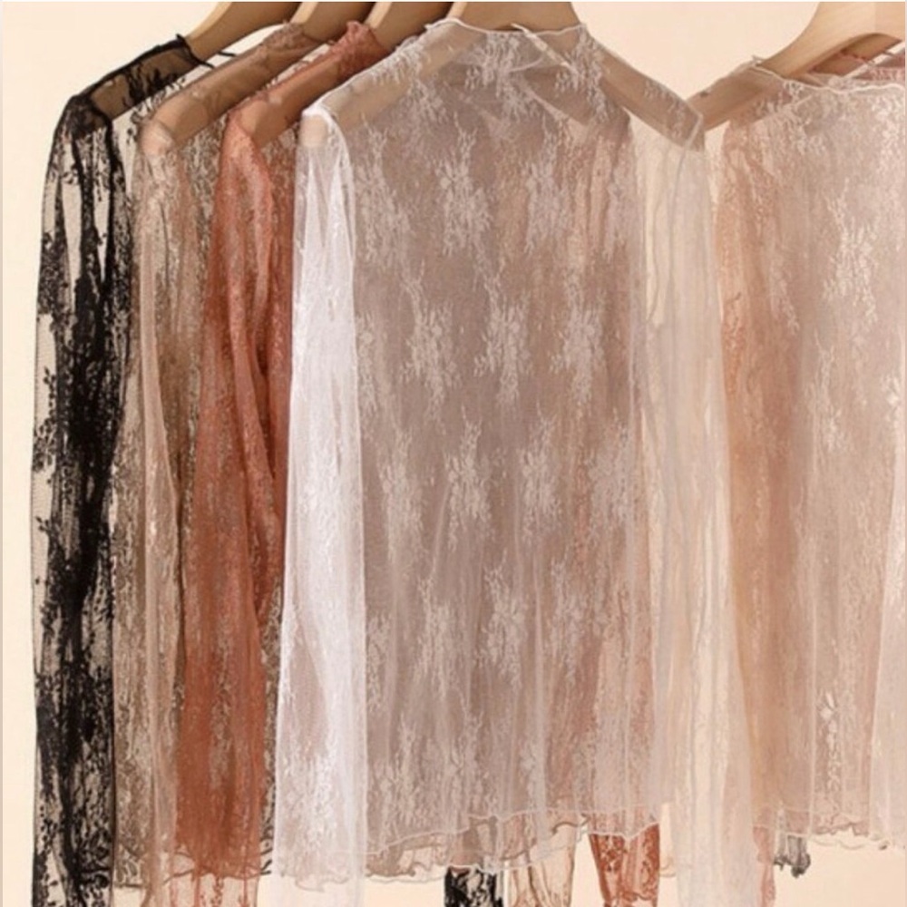 Lace Mesh Sheer Mock Top Floral Layering Stretchy Tan NEW - Picture 4 of 5